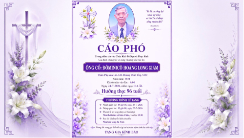 Cáo phó: Thân phụ của Cha Gioan Baotixita Hoàng Đình Ưng là Ông cố Đôminicô Gẫm Hoàng Long Giám vừa mới qua đời: