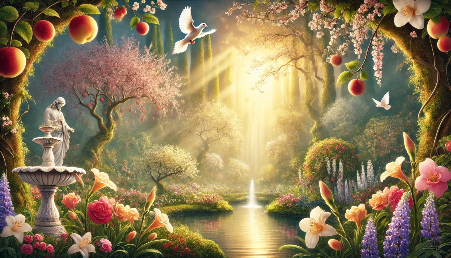 DALL·E 2025 03 08 22 27 21 A serene and mystical garden inspired by the Song of Songs from the Bible The scene is filled with vibrant spring flowers, lush fruit trees, and a so