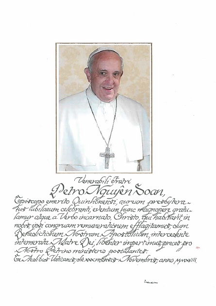 Điện văn của ĐGH Phanxicô gửi đến ĐGM Phêrô Nguyễn Soạn nhân kỷ niệm 50 năm thiên chức linh mục